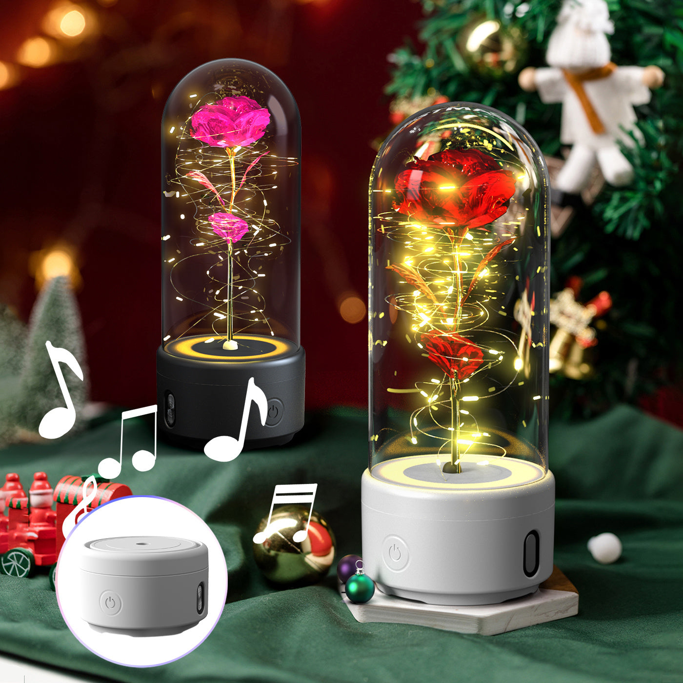 Creative 2 In 1 Rose Flowers LED Light and Bluetooth-compatible Speaker Valentine's Day Gift Rose Luminous Night Light Ornament In Glass Cover