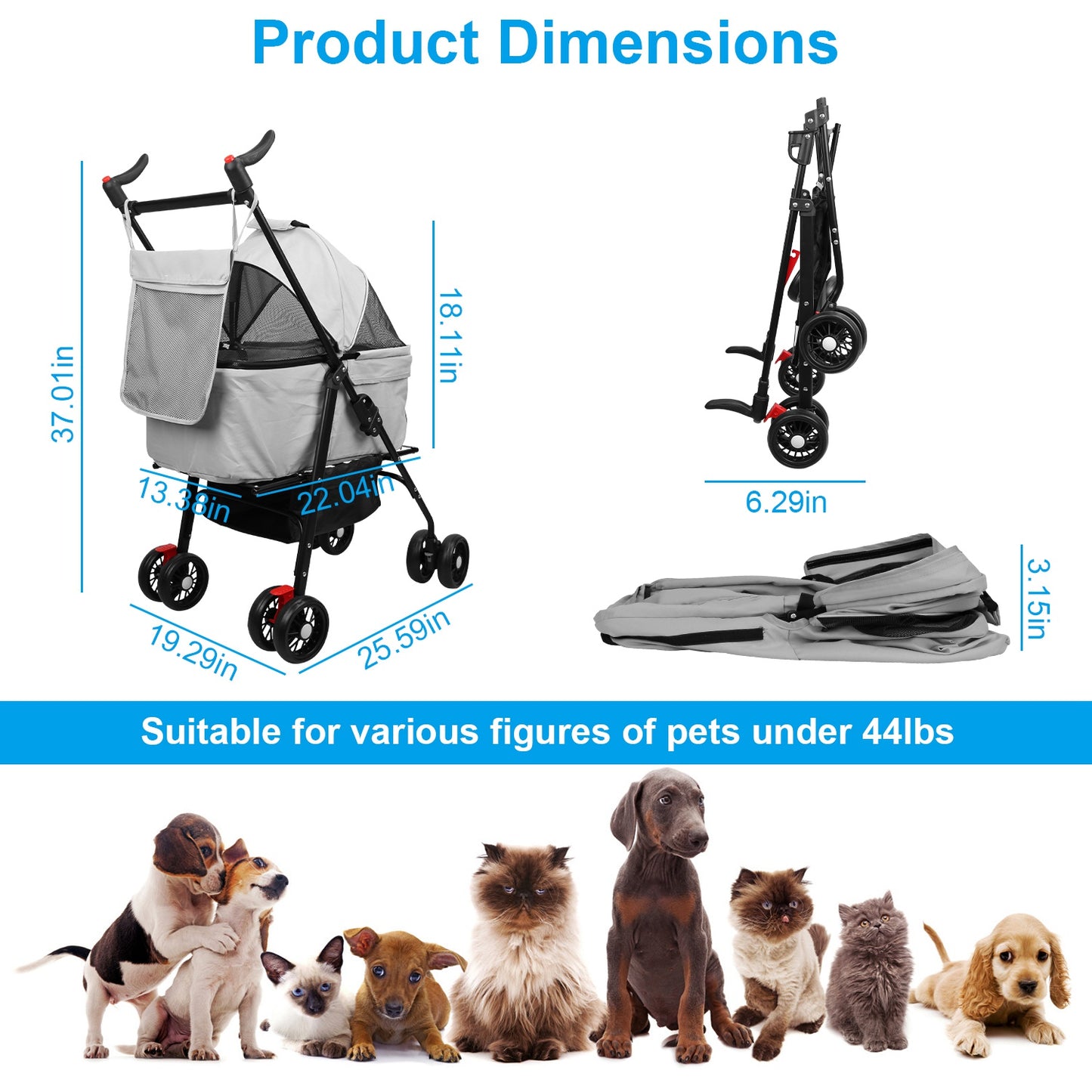 1Pc 4-Wheels Pet Stroller Foldable Carrier Strolling Cart