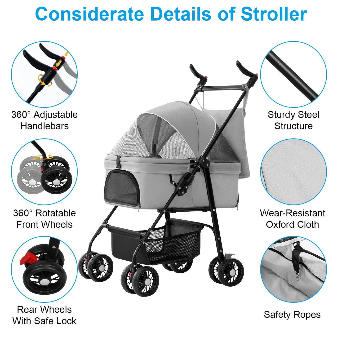 1Pc 4-Wheels Pet Stroller Foldable Carrier Strolling Cart
