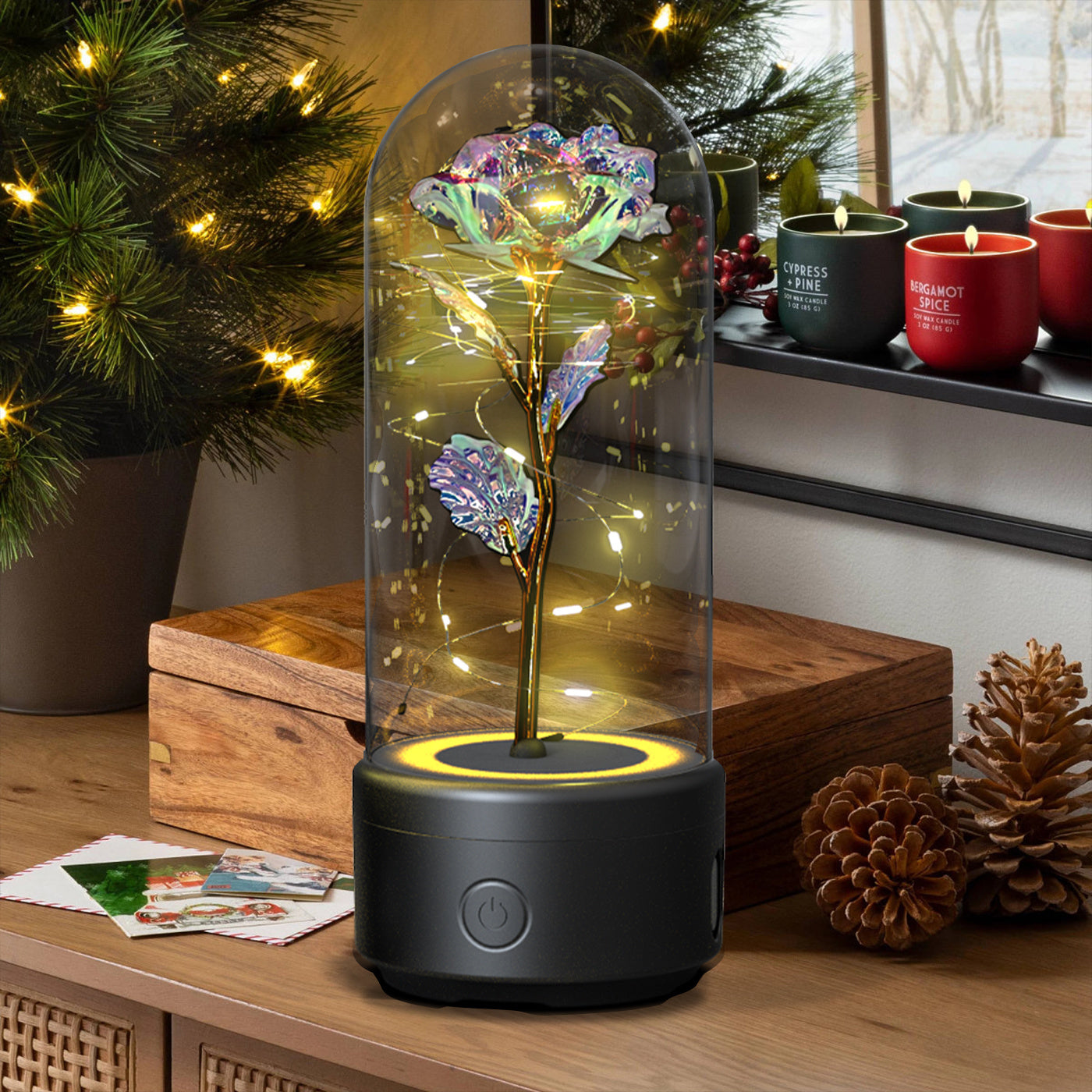 Creative 2 In 1 Rose Flowers LED Light and Bluetooth-compatible Speaker Valentine's Day Gift Rose Luminous Night Light Ornament In Glass Cover