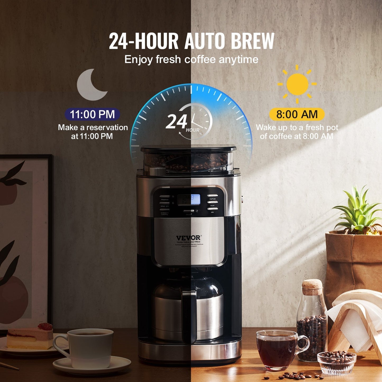 VEVOR 8-Cup Coffee Maker Drip Coffee Machine With 24-Hour Timer for Auto Brew