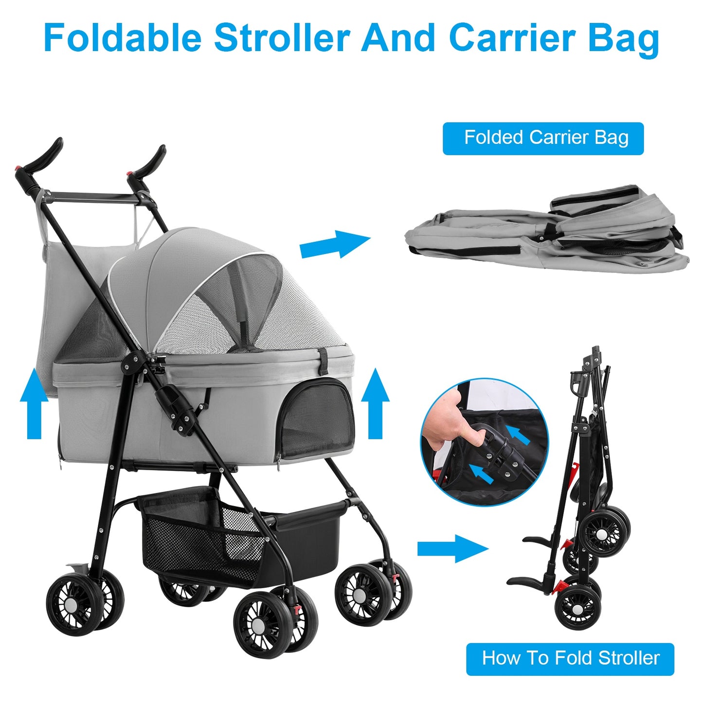 1Pc 4-Wheels Pet Stroller Foldable Carrier Strolling Cart