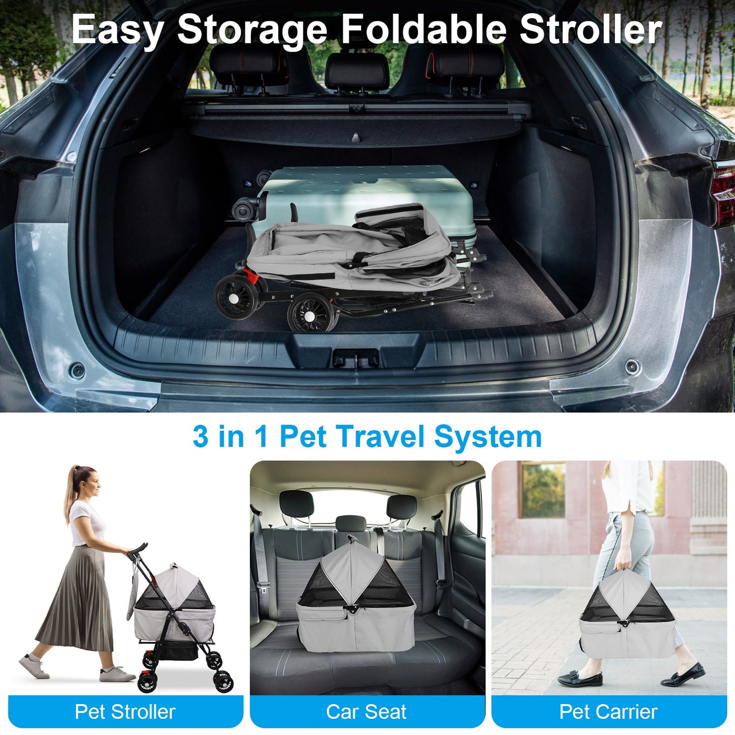 1Pc 4-Wheels Pet Stroller Foldable Carrier Strolling Cart