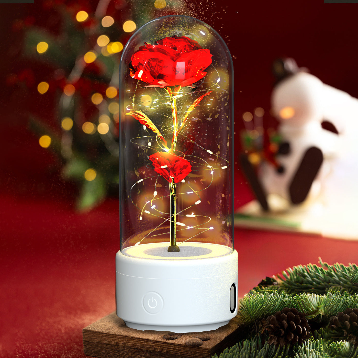 Creative 2 In 1 Rose Flowers LED Light and Bluetooth-compatible Speaker Valentine's Day Gift Rose Luminous Night Light Ornament In Glass Cover