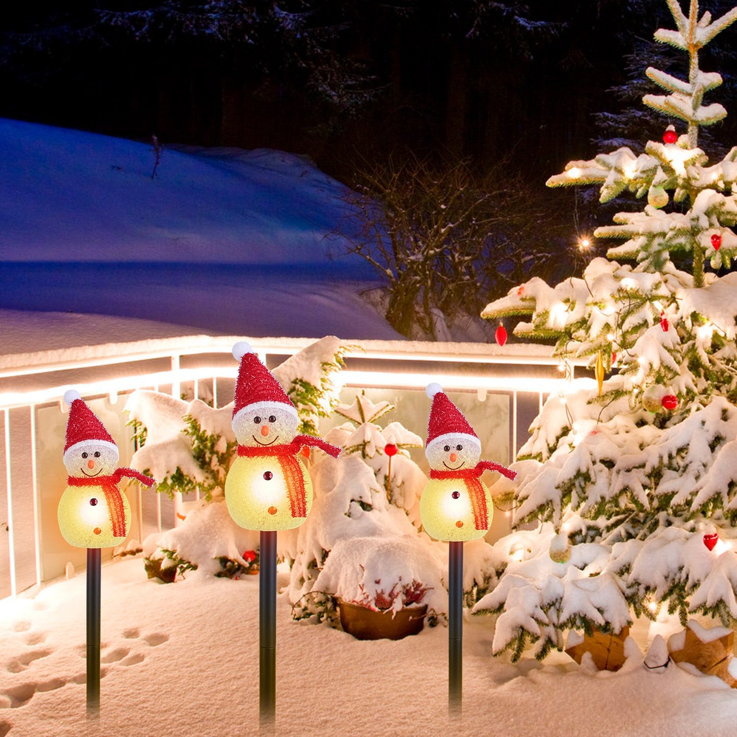 1Pc Solar Powered Lamp 3 Snowmen Outdoor Decorative Christmas Lamp